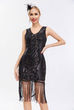 Sparkly nero dorato scollo a V guaina Gatsby 1920s abito con tasles