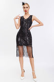 Sparkly nero dorato scollo a V guaina Gatsby 1920s abito con tasles