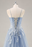 Dusty Blue A Line senza spalline corsetto puro in rilievo lungo Abito da Cerimonia con fessura