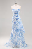 Senza Spalline Mermaid Bianco Blu Floreale Abito da Cerimonia