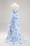 Senza Spalline Mermaid Bianco Blu Floreale Abito da Cerimonia