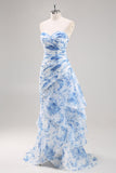 Senza Spalline Mermaid Bianco Blu Floreale Abito da Cerimonia