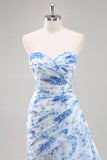 Senza Spalline Mermaid Bianco Blu Floreale Abito da Cerimonia