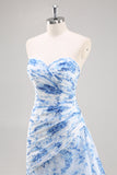 Senza Spalline Mermaid Bianco Blu Floreale Abito da Cerimonia