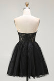 Nero A Line Sweetheart Appliqued Sheer Corsetto Corsetto Abito da ritorno a casa corto