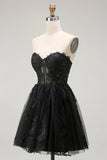 Nero A Line Sweetheart Appliqued Sheer Corsetto Corsetto Abito da ritorno a casa corto
