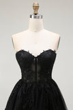 Nero A Line Sweetheart Appliqued Sheer Corsetto Corsetto Abito da ritorno a casa corto
