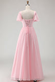 Abito da damigella lungo in chiffon a scollo quadrato rosa caramella