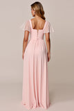 Abito da damigella lungo in chiffon a scollo quadrato rosa caramella
