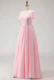 Abito da damigella lungo in chiffon a scollo quadrato rosa caramella