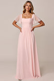 Abito da damigella lungo in chiffon a scollo quadrato rosa caramella
