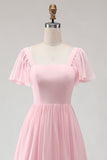 Abito da damigella lungo in chiffon a scollo quadrato rosa caramella