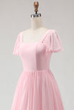 Abito da damigella lungo in chiffon a scollo quadrato rosa caramella