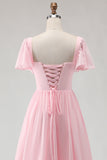Abito da damigella lungo in chiffon a scollo quadrato rosa caramella