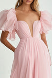 Rosa A Line Sweetheart arruffato abito lungo formale con maniche