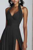Nero A Line Halter Chiffon Abito Formale Lungo Plissettato