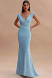 Sky Blue Mermaid Increspato V-Neck Abito Lungo Formale