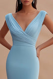 Sky Blue Mermaid Increspato V-Neck Abito Lungo Formale