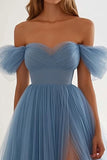 Grigio Blu A Line Tulle Abito Lungo Formale con Spacco