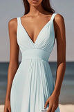 Sky Blue A Line V-Neck Increspato Midi Abito Laurea
