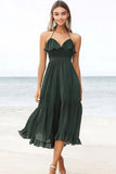 Chiffon Verde Scuro Halter A Line Midi Abito Estivo