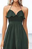 Chiffon Verde Scuro Halter A Line Midi Abito Estivo