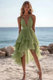 Abito estivo verde in chiffon con scollo a V a linea A arruffato