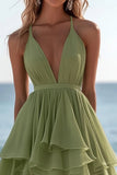 Abito estivo verde in chiffon con scollo a V a linea A arruffato