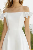 Off The Shoulder Bianco Raso Arruffato Abito Laurea