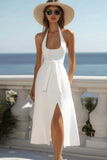 A Line White Halter Abito Laurea con Spacco