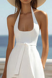 A Line White Halter Abito Laurea con Spacco