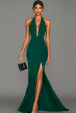Abito lungo formale in raso nero Halter a sirena con fessura