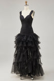 Abito formale high-low high-low in organza nera con fessura a volant
