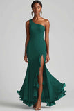 Abito formale a sirena monospalla in chiffon nero con fessura