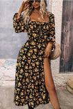 Abito estivo a trapezio floreale giallo nero con maniche lunghe