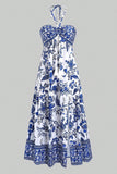 Bianco Blu Floreale Halter A Line Abito Estivo