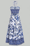 Bianco Blu Floreale Halter A Line Abito Estivo