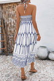 Bianco Blu Floreale Halter A Line Abito Estivo