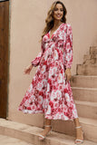 Abito estivo a trapezio floreale rosso con scollo a V e maniche lunghe