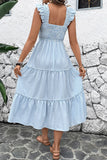 Abito estivo midi con scollo quadrato a righe blu