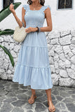 Abito estivo midi con scollo quadrato a righe blu