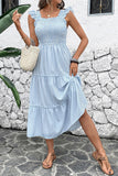 Abito estivo midi con scollo quadrato a righe blu
