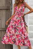 Abito estivo midi con scollo a V floreale fucsia