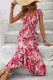 Abito estivo midi con scollo a V floreale fucsia
