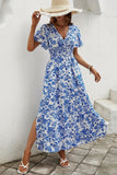Blu A Line Printed Summer Dress con spacco