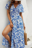 Blu A Line Printed Summer Dress con spacco