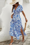 Blu A Line Printed Summer Dress con spacco
