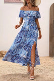 Off The Shoulder Abito estivo stampato arancione verde con fessura