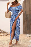 Off The Shoulder Abito estivo stampato arancione verde con fessura