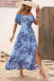 Off The Shoulder Abito estivo stampato arancione verde con fessura